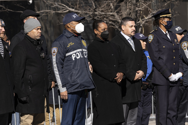 Mayor Eric Adams and Police Commissioner Keechant Sewell joined police officers to pay tribute to fallen officer Wilbert Mora during transfer of his remains to Riverdale Funeral Home. Officer Mora was critically injured, and died of his injuries on January 25, after responding to a domestic violence call on January 21 with his partners, where one of them, Jason Rivera was shot and killed. Perpetrator was also injured in the shootout and died as well later on at the hospital.