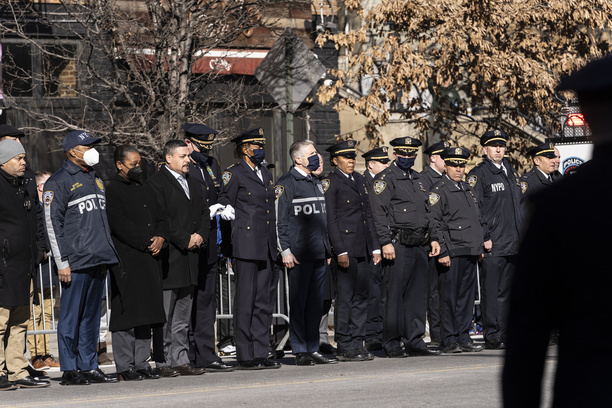 Mayor Eric Adams, Police Commissioner Keechant Sewell joined police officers to pay tribute to fallen officer Wilbert Mora during transfer of his remains to Riverdale Funeral Home. Officer Mora was critically injured, and died of his injuries on January 25, after responding to a domestic violence call on January 21 with his partners, where one of them, Jason Rivera was shot and killed. Perpetrator was also injured in the shootout and died as well later on at the hospital.