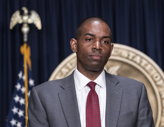 Antonio Delgado sworn in by judge Kevin Bryant as New York State Lieutenant Governor at New York City governor's office. Ceremony was attended by Governor Kathy Hochul, Delgado wife Lacey Schwartz Delgado, their twin sons and other family members and officials.