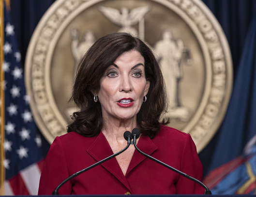 Governor Kathy Hochul speaks at Antonio Delgado swearing in ceremony as New York State Lieutenant Governor at New York City governor's office. Ceremony was attended by Governor Kathy Hochul, Delgado wife Lacey Schwartz Delgado, their twin sons and other family members and officials.