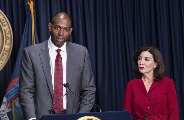 Antonio Delgado speaks during swearing in ceremony as New York State Lieutenant Governor at New York City governor's office. Ceremony was attended by Governor Kathy Hochul, Delgado wife Lacey Schwartz Delgado, their twin sons and other family members and officials.