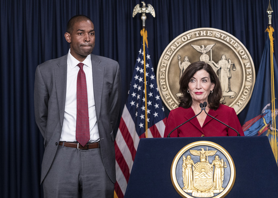 Governor Kathy Hochul speaks at Antonio Delgado swearing in ceremony as New York State Lieutenant Governor at New York City governor's office. Ceremony was attended by Governor Kathy Hochul, Delgado wife Lacey Schwartz Delgado, their twin sons and other family members and officials.