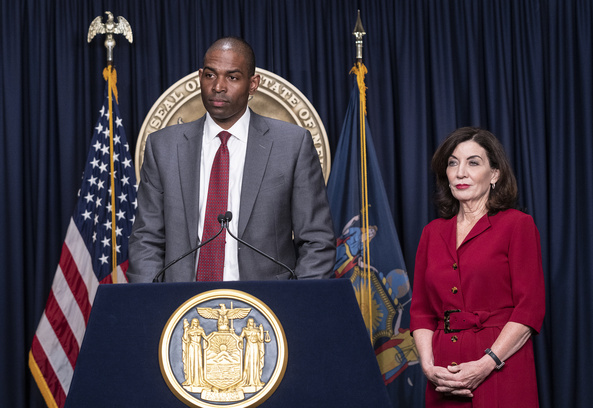 Antonio Delgado speaks during swearing in ceremony as New York State Lieutenant Governor at New York City governor's office. Ceremony was attended by Governor Kathy Hochul, Delgado wife Lacey Schwartz Delgado, their twin sons and other family members and officials.