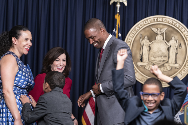 Antonio Delgado sworn in by judge Kevin Bryant as New York State Lieutenant Governor at New York City governor's office. Antonio is joined on stage by governor Kathy Hochul, his wife Lacey Schwartz and his sons Ceremony was attended by Governor Kathy Hochul, Delgado wife Lacey Schwartz Delgado, their twin sons and other family members and officials.
