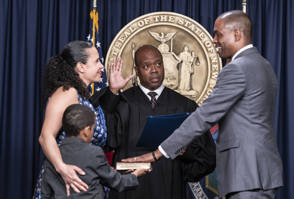 Judge Kevin Bryant presides on Antonio Delgado sworn in as New York State Lieutenant Governor at New York City governor's office. Ceremony was attended by Governor Kathy Hochul, Delgado wife Lacey Schwartz Delgado, their twin sons and other family members and officials.