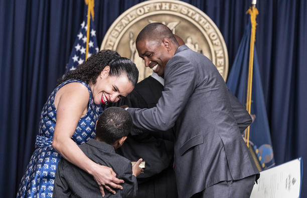Antonio Delgado sworn in by judge Kevin Bryant as New York State Lieutenant Governor at New York City governor's office. His wife Lacey Schwartz Delgado and his sons joined him on stage. Ceremony was attended by Governor Kathy Hochul, Delgado wife Lacey Schwartz Delgado, their twin sons and other family members and officials.