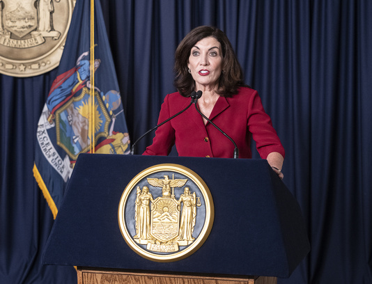 Governor Kathy Hochul speaks during Antonio Delgado swearing in ceremony as New York State Lieutenant Governor at New York City governor's office. Ceremony was attended by Governor Kathy Hochul, Delgado wife Lacey Schwartz Delgado, their twin sons and other family members and officials.