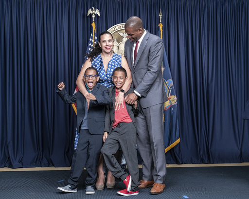 Antonio Delgado sworn in by judge Kevin Bryant as New York State Lieutenant Governor at New York City governor's office. He is joined by his wife Lacey Schwartz Delgado and two sons. Ceremony was attended by Governor Kathy Hochul, Delgado wife Lacey Schwartz Delgado, their twin sons and other family members and officials.