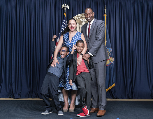 Antonio Delgado sworn in by judge Kevin Bryant as New York State Lieutenant Governor at New York City governor's office. He is joined by his wife Lacey Schwartz Delgado and two sons. Ceremony was attended by Governor Kathy Hochul, Delgado wife Lacey Schwartz Delgado, their twin sons and other family members and officials.