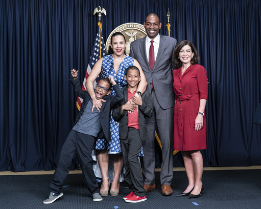 Antonio Delgado sworn in by judge Kevin Bryant as New York State Lieutenant Governor at New York City governor's office. He is joined by Governor Kathy Hochul (R), his wife Lacey Schwartz Delgado (L) and two sons. Ceremony was attended by Governor Kathy Hochul, Delgado wife Lacey Schwartz Delgado, their twin sons and other family members and officials.