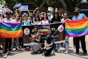 Participants take part in a Pride March to celebrate Pride Month and spread awareness regarding the LGBTQ+ Community in New Delhi.