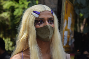 A participant can be seen with a tattoo on her face in a Pride March to celebrate Pride Month and spread awareness regarding the LGBTQ+ Community in New Delhi.
