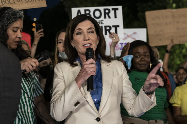 Governor Kathy Hochul speaks as hundreds protesters gathered on Union Square to protest against Supreme Court decision to overturn Roe vs Wade effectively banning abortions in the US.
