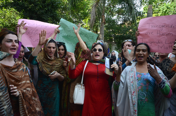 Transgender stage a protest demonstration outside Peshawar Press Club against growing incidents of violence against their community.