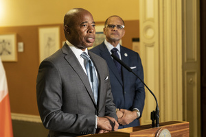 Mayor Eric Adams speaks during joined introduction of new public school superintendents at Tweed Courthouse. David Banks announced appointments of 45 new superintendents for public school system.