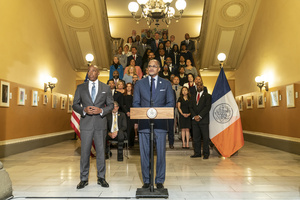 Chancellor David Banks speaks during joined introduction of new public school superintendents with mayor Eric Adams at Tweed Courthouse. David Banks announced appointments of 45 new superintendents for public school system.