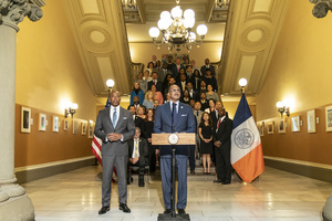 Chancellor David Banks speaks during joined introduction of new public school superintendents with mayor Eric Adams at Tweed Courthouse. David Banks announced appointments of 45 new superintendents for public school system.