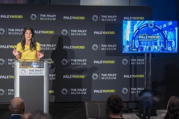 Paley CEO Maureen Reidy speaks during a joint announcement with mayor Eric Adams at The Paley Center for Media. Mayor and CEO announced that Paley Center will hold a weekend of interactive experiences and immersive attractions from the exciting worlds of media, sports, gaming, and entertainment.