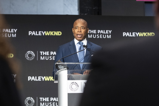 Mayor Eric Adams delivers remarks during a joint announcement with Paley CEO Maureen Reidy at The Paley Center for Media. Mayor and CEO announced that Paley Center will hold a weekend of interactive experiences and immersive attractions from the exciting worlds of media, sports, gaming, and entertainment.