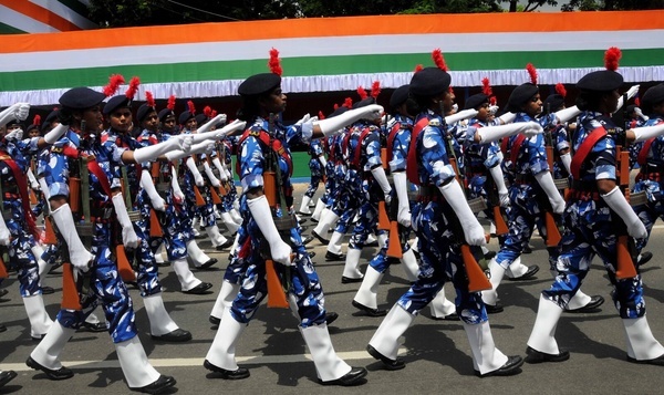 Members of the Rapid Action Force (RAF) of Kolkata police take part in full dress rehearsal for the Independence Day celebration at Red Road in Kolkata on August 13,2022.
