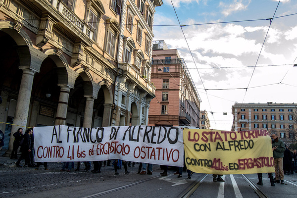 Demonstration in favor of Alfredo Cospito, an anarchist who has been in prison for 10 years and on hunger strike for more than 100 days against the 41-bis restrictive regime to which he has been subjected and which is expected to last for four years.