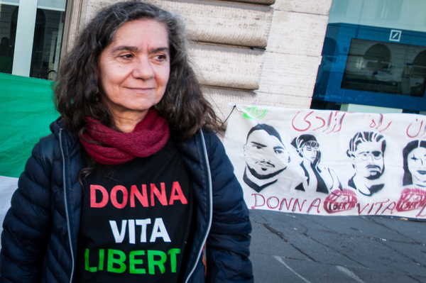 ROME, ITALY - FEBRUARY 04 Woman Life Freedom Demonstration in Piazza Santi Apostoli ,,of the Iranian community in memory of Mohammad Moradi on February 4, 2023 in Rome, Italy.