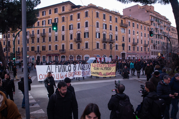 Demonstration organized by anarchists from Piazza Vittorio Emanuele to Largo Preneste in solidarity with anarchist Alfredo Cospito, who is in prison at Opera under the 41-bis regime, on hunger strike for more than 100 days.