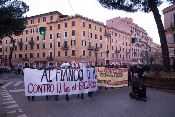 Demonstration organized by anarchists from Piazza Vittorio Emanuele to Largo Preneste in solidarity with anarchist Alfredo Cospito, who is in prison at Opera under the 41-bis regime, on hunger strike for more than 100 days.