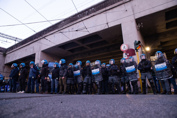 Policemen in Prenestina road during the demonstration organized by anarchists in solidarity with anarchist Alfredo Cospito, who is in prison at Opera under the 41-bis regime, on hunger strike for more than 100 days.