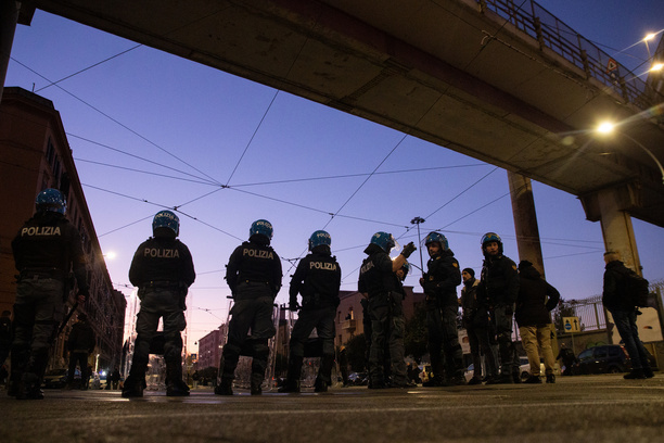 Policemen in Prenestina road during demonstration in Rome organized by anarchists in solidarity with anarchist Alfredo Cospito