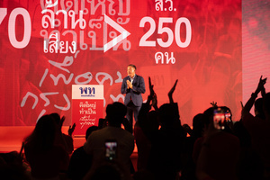 Srettha Thavisin, Chief Advisor to the Head of the Pheu Thai Family, gave the speech on stage. In front of Pheu Thai Party supporters, during a campaign rally at Stadium one, Banthadthong Road, Pathum Wan district, Bangkok, Thailand, on March 24, 2023.