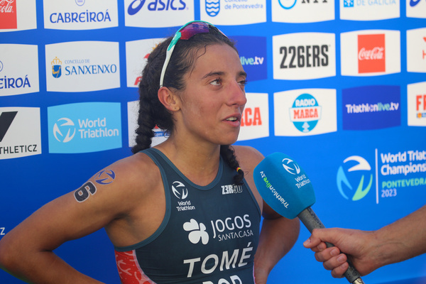Pontevedra, Spain, 24th September, 2023: Portuguese triathlete, Maria Tomé attends to the media during the 2023 Women's U23 Triathlon World Championship, on September 24, 2023, in Pontevedra, Spain.