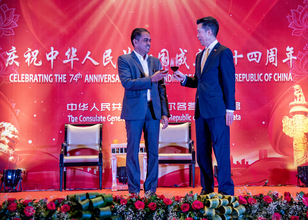 Chinese Consulate General in Kolkata held a grand reception to celebrate the 74th anniversary of the founding of the People's Republic of China on 24th September,2023 at ITC Royal Bengal Hotel in Kolkata. Mr. Zha Liyou, Chinese Consul General in Kolkata and Mr. P Mohan Gandhi( IAS -West Bengal 2004 batch) presently MD, WBSIDCL and Secretary, MS & ME and T Deptt., West Bengal, chairman and Managing Director, West Bengal Mineral Development Corporation are on the dais before the audience.