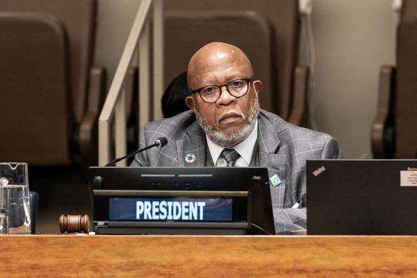 President of the 78th session of the General Assembly Dennis Francis presides over high level meeting to commemorate International Day for the Total Elimination of Nuclear Weapons at UN Headquarters.