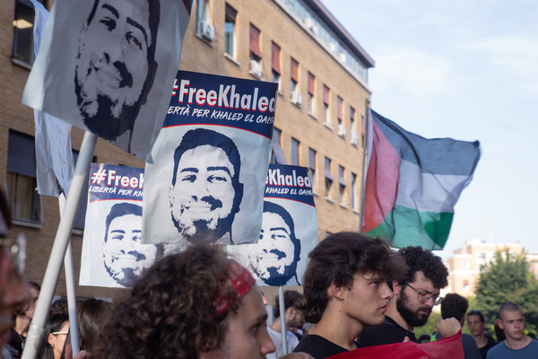 Demonstration within the La Sapienza University of Rome organized by university students to ask for the release of Khaled El Qaisi