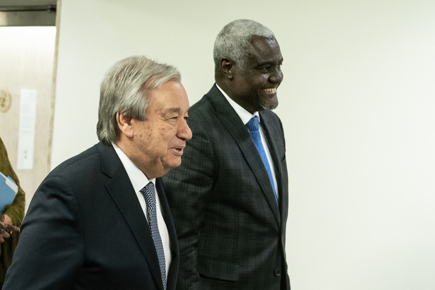 Secretary-General Antonio Guterres and Chairperson of the African Union Commission Moussa Faki leave after the press briefing on developments in Africa and the Conclusion of the High-level Dialogue between the United Nations and the African Union.