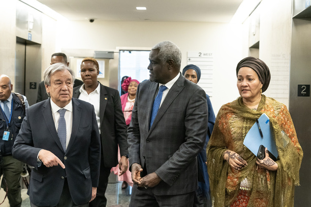 Secretary-General Antonio Guterres, Chairperson of the African Union Commission Moussa Faki and Amina J. Mohammed leave after the press briefing on developments in Africa and the Conclusion of the High-level Dialogue between the United Nations and the African Union.
