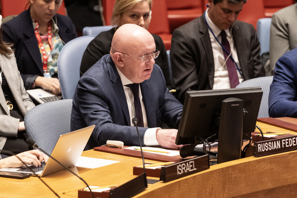 Ambassador Vassily Nebenzia of Russia speaks during Security Council meeting on The situation in the Middle East, including the Palestinian question at United Nations Headquarters in New York. Chinese Foreign Minister Wang Yi presides over the meeting as China is the President of the Security Council for the month of November.