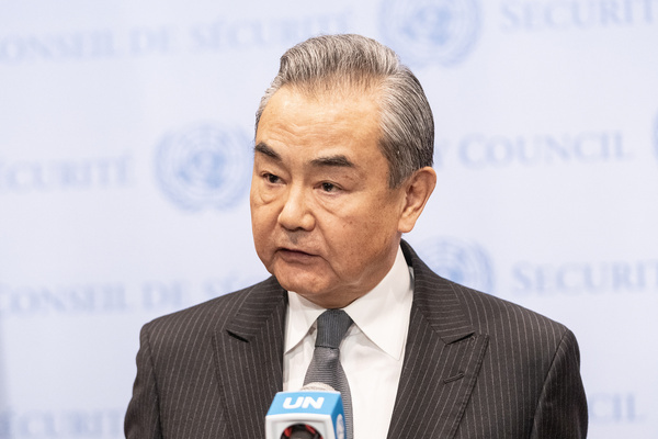 Wang Yi, Minister for Foreign Affairs of the People’s Republic of China speaks to the press after Security Council meeting on the situation in the Middle East including Palestinian question at UN Headquarters.