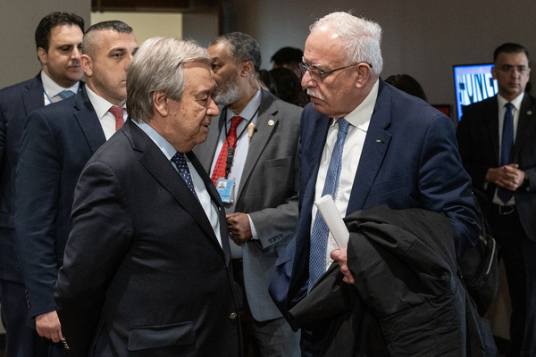 Encounter between Secretary-General Antonio Guterres and Riad Al-Malki, Minister for Foreign Affairs of the State of Palestine after the Security Council meeting on the situation in the Middle East at UN Headquarters.
