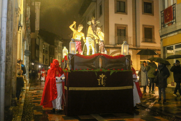 Aviles, Spain. March 26, 2024: The image of "Jesus tied to the column" during the Procession of Saint Peter, on March 26, 2024, in Avilés, Spain.