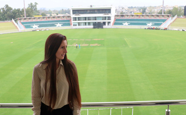 Sarah Edgar (C) senior manager of the International Cricket Council (ICC) Event Operations team, visits Rawalpindi Cricket stadium in Rawalpindi, Pakistan, 27 March 2024. An ICC delegation on 27 March inspected the Rawalpindi Cricket Stadium in preparation for the upcoming Champions Trophy