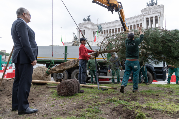 Mayor of Rome Roberto Gualtieri attends the beginning of the planting of the pine trees near Piazza Venezia in Rome
