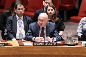 Ambassador Vassily Nebenzia of Russia speaks during Security Council meeting on Threats to international peace and security to discuss situation at Zaporizhzhia Nuclear Power Station in Ukraine at UN Headquarters.