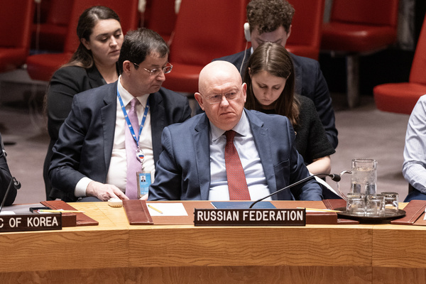 Ambassador Vassily Nebenzia of Russia attends meeting on Threats to international peace and security to discuss situation at Zaporizhzhia Nuclear Power Station in Ukraine at UN Headquearters in New York
