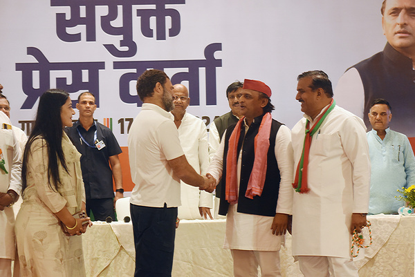 Congress leader Rahul Gandhi shake hands with Samajwadi Party leader Akhilesh Yadav after a joint press conference addressed by the two INDIA coalition partners at Gaziababad in Uttar Pradesh.