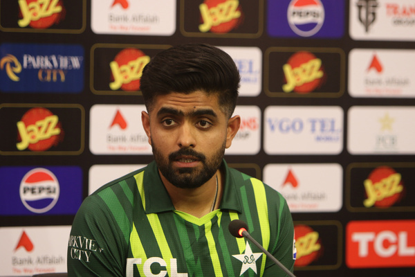 Pakistan's skipper Babar Azam smiles on a question during a press conference in Rawalpindi, Pakistan, Wednesday, April 17, 2024