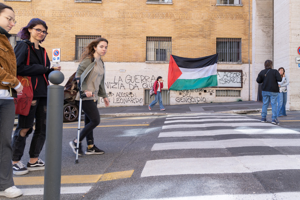 Writings against Israel and in favor of Palestine near the entrance to the Rectorate of the "La Sapienza" University in Rome