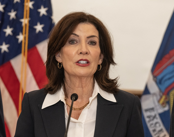Governor Kathy Hochul speaks during announcement on inclusion of money for Mental Health and Public Safety Budget for fiscal year 2025 at Midtown Community Justice Center in New York