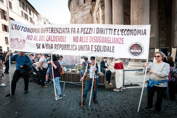 ROME, ITALY - 29 APRIL At the Pantheon, the left - Greens, Italian Left and trade unions - protest against the differentiated autonomy reform  29 April 2024 in Rome, Italy.